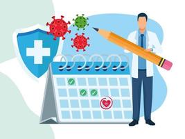 doctor character with covid19 particles and calendar vector
