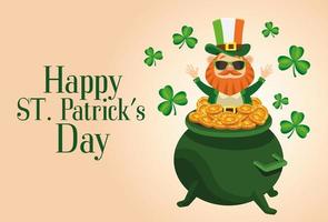 happy saint patricks day lettering poster with leprechaun in treasure cauldron vector