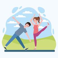 couple practicing exercise in the camp healthy lifestyle vector