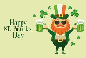 happy saint patricks day lettering poster with leprechaun lifting beers vector