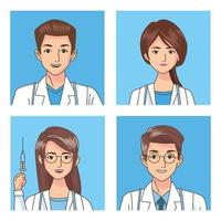 Grupo de médicos profesionales con personajes estetoscopios. vector
