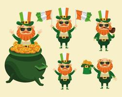 happy saint patricks day poster with bundle of five leprechaun characters vector