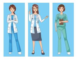 profesionales doctoras con personajes estetoscopios. vector