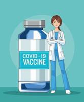 personaje de doctora con vial de vacuna covid19 vector