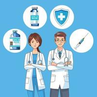doctors couple characters with covid19 vaccine icons vector