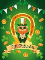 happy saint patricks day lettering poster with leprechaun in golden horseshoe vector