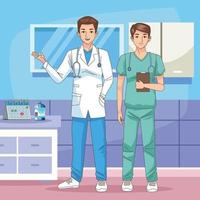doctors characters with covid19 vaccine in the hospital scene vector