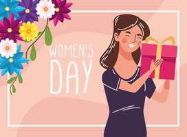 beautiful woman happy with gift and womens day lettering vector