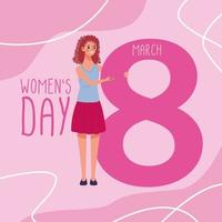 beautiful woman happy lifting number eight and womens day lettering vector