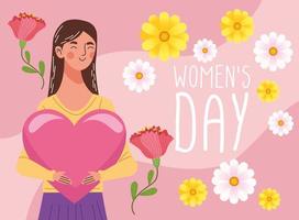 beautiful woman happy lifting heart and womens day lettering vector