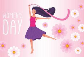 beautiful woman happy dancing with ribbon and womens day lettering vector