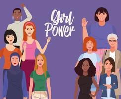 group of beautiful women with girl power lettering vector