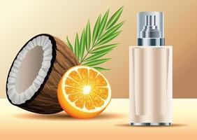 cream skin care spray bottle product with coconut and orange vector