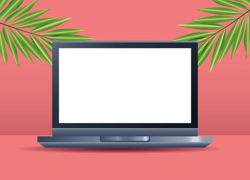 laptop computer mockup branding with leafs palms vector