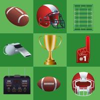 Paquete de nueve iconos de conjunto de Super Bowl en fondo verde vector