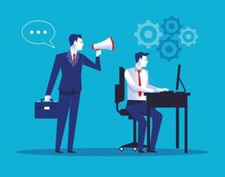 two elegant businessmen workers using desktop with megaphone characters vector