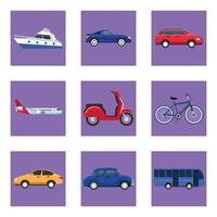 bundle of nine transport vehicles set icons vector