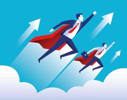 two elegant businessmen workers flying with heros capes characters vector