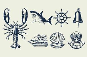 bundle of seven nautical elements set icons vector