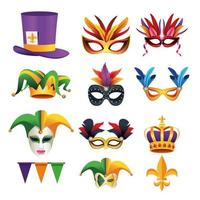 Paquete de nueve carnaval de Mardi Gras establecer iconos en fondo blanco. vector