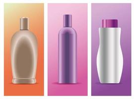 set of three skin care bottles products icons vector