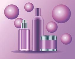 set of three skin care bottles purple color products icons vector