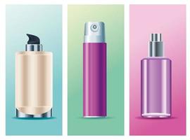 Conjunto de tres iconos de productos de botellas de spray para el cuidado de la piel vector