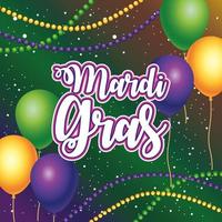 mardi gras carnival lettering with fireworks and balloons helium vector