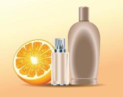 Botellas para el cuidado de la piel productos dorados con fruta naranja. vector