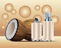 skin care bottles cream color products with coconuts vector