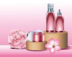 skin care pot and bottle pink products in golden stage with flowers vector