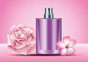 purple skin care spray bottle product with pink flowers vector