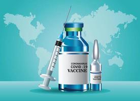 covid19 virus vaccine vials bottles and injection in planet earth vector