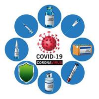 Letras de vacuna contra el virus covid19 con iconos de conjunto alrededor vector