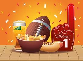 Super Bowl, fútbol americano, iconos deportivos y comida rápida. vector