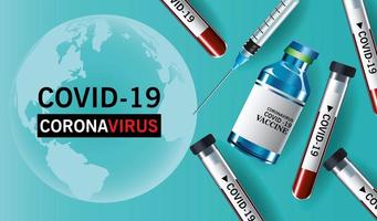 covid19 virus vaccine lettering with vial bottle and tubes test vector