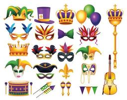 Paquete de veintidós iconos de celebración de carnaval de mardi gras vector