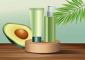 two green skin care bottle and tube products in golden stage with avocado vector