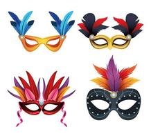 paquete de cuatro máscaras de mardi gras y plumas vector