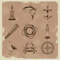 bundle of nine nautical gray elements set icons in vintage background vector