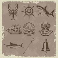 bundle of nine nautical elements set icons in vintage paper background vector