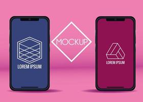 smartphones with geometric figures mockup branding in pink background vector