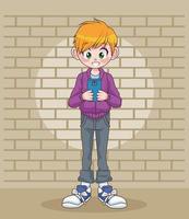 young teenager boy kid using smartphone in wall character vector