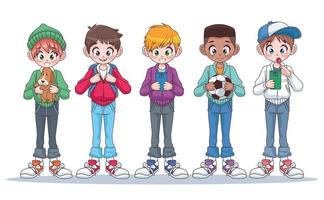 group of five young interracial teenagers boys kids characters vector