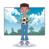 Chico joven adolescente afro con balón de fútbol en el paisaje vector