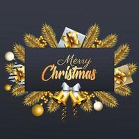 Feliz navidad letras doradas con regalos y campanas en marco de abetos