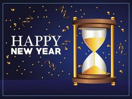 happy new year lettering with golden hourglass vector