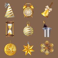 happy new year celebration with bundle of nine set icons vector