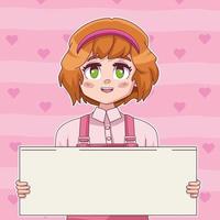 niña cómica manga personaje levantando pancarta de protesta vector