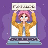 cute little girl with stop bullying banner in laptop comic manga character vector